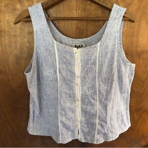 Flax 100% Linen Striped Tank Top Button Up Floral Embroidered Coastal Nautical